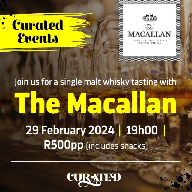 We think that not buying tickets to our Macallan event seems like wh(r)isky business 🥃. To avoid your Thursday whisky glass feeling half full, make sure you join us and Gareth Wainwright, Macallan Brand Specialist for Southern Africa, for a tasting of select Macallan single malt whiskies ( ⭐️ including two limited releases that are no longer available ⭐️). 

🎟 Tickets can be purchased via www.whiskybrother.com/products/macallan-tasting or you can book your seat by contacting 010 054 6008 / 071 754 1173 / info@curatedlounge.co.za.

Event Details:
Date: Thursday, 29 February 2024
Time: 7pm
Cost: R500pp, includes snacks
Venue: Curated Lounge, Bedford Centre, Bedfordview

Line-Up:
🥃 Macallan 12yo Double Cask
🥃 Macallan 12yo Sherry Cask
🥃 Macallan Harmony Intense Arabica
🥃 Macallan Classic Cut

#macallan #mcallanwhisky #macallandistillery #drinkstagram #WhiskyBar #whiskylover #whiskygram #whiskylife #WhiskyWednesday #whiskysouthafrica #events #whiksytasting #curatedlounge #bar #instadrink #drinks #whisky #whiskysouthafrica #bartender #bedfordcentre #bedfordsquare #bedfordview #luxurylifestyle