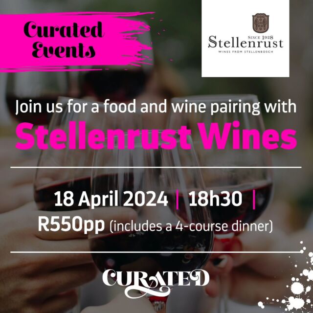 We heard it through the grapevine that the Stellenrust Wine team know how to uncork the magic of a perfect wine and food pairing 🍇. So, come and wine-d down the week with us as you sip, savor, and swirl your way through tantalizing flavours and a 4-course dinner that will exceed your grape expectations🍷.

🎟 Tickets can be purchased via www.https://www.whiskybrother.com/products/18-apr-stellenrust-wine-pairing or you can book your seat by contacting 010 054 6008 / 071 754 1173 / info@curatedlounge.co.za.

Event Details:
Date: Thursday, 18 April 2024
Time: 6:30pm
Cost: R550pp, includes a 4-course dinner
Venue: Curated Lounge, Bedford Centre, Bedfordview

Line-Up:
🍷 Stellenrust Premium Chenin Blanc
🍷 Stellenrust Old Bush Vine Cinsaut
🍷 Stellenrust Timeless
🍷 Stellenrust Chenin d’ Muscat Noble Late Harvest

#winetime #wine #winebar #winelover #wineoclock #winelovers #winepairing #redwine #whitewine #foodpairing #dinner #nightout #stellenrustwineestate #CuratedExperience #curatedlounge