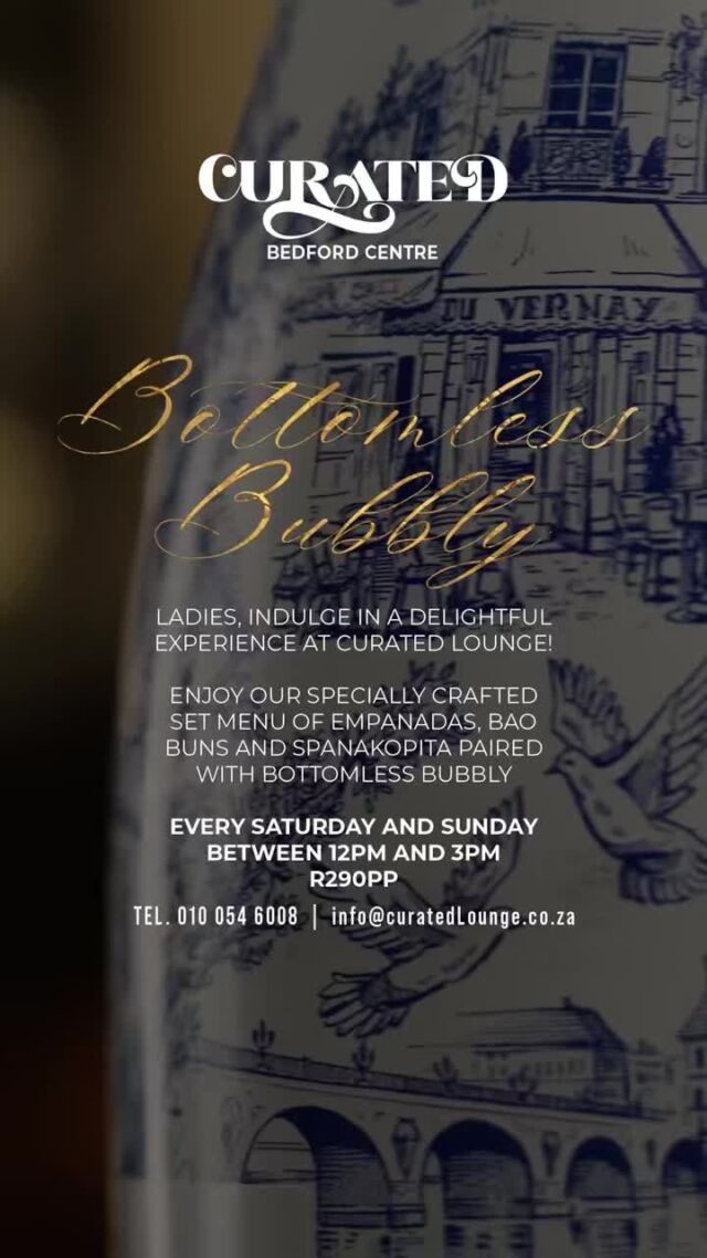 Bottomless Bubbly Weekends!

Join us every Saturday and Sunday from 12pm to 3pm for endless bubbles and a deliciously crafted set menu featuring empanadas, bao buns, and spanakopitas—all for just R290pp!

It’s the ultimate weekend treat—perfect for catching up with friends or celebrating in style. Don’t miss out! 

#BottomlessBubbly #WeekendVibes #CuratedLounge #CheersToThat